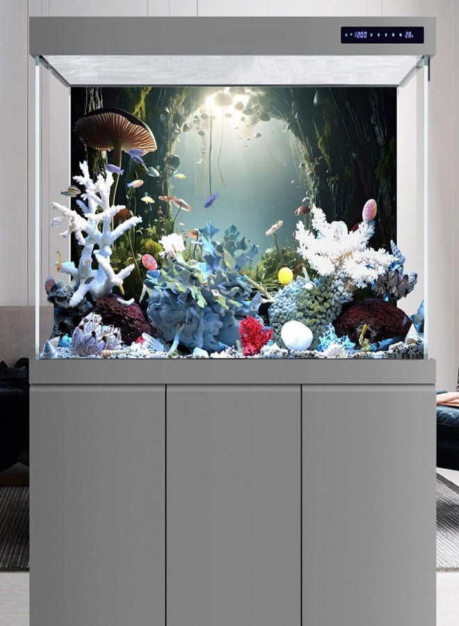 AWERT 36x18 inches Aquarium Background Foggy Stone Mushroom Moss Terrarium Background Polyester Green Plants Cave Fish Tank Background - Image 2
